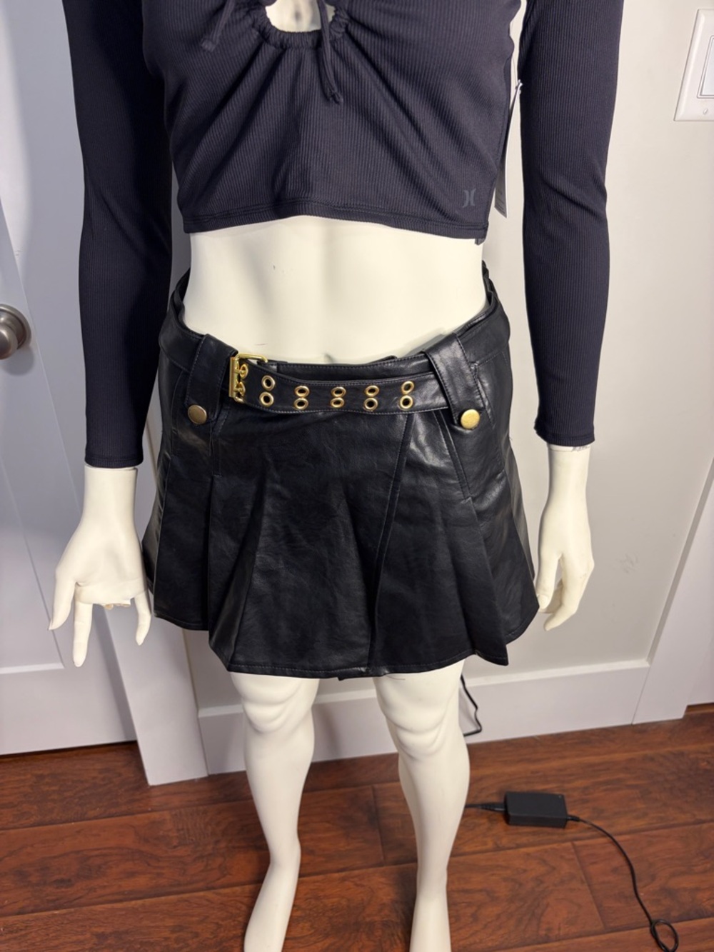 Dolls Kill Black Faux Leather Pleated Mini Skirt with Gold Hardware size medium